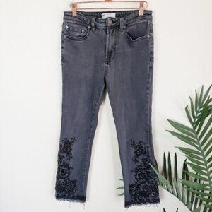 Free People Embroidered Eyelet Jeans Frayed Ankle Straight size 27 Boho Resort